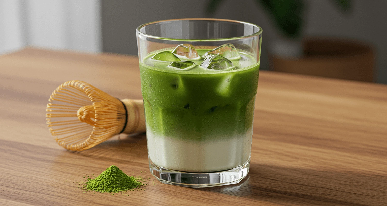 Homemade Iced Matcha Latte in Starbucks style with vibrant matcha and creamy milk, served with ice cubes and a bamboo whisk.