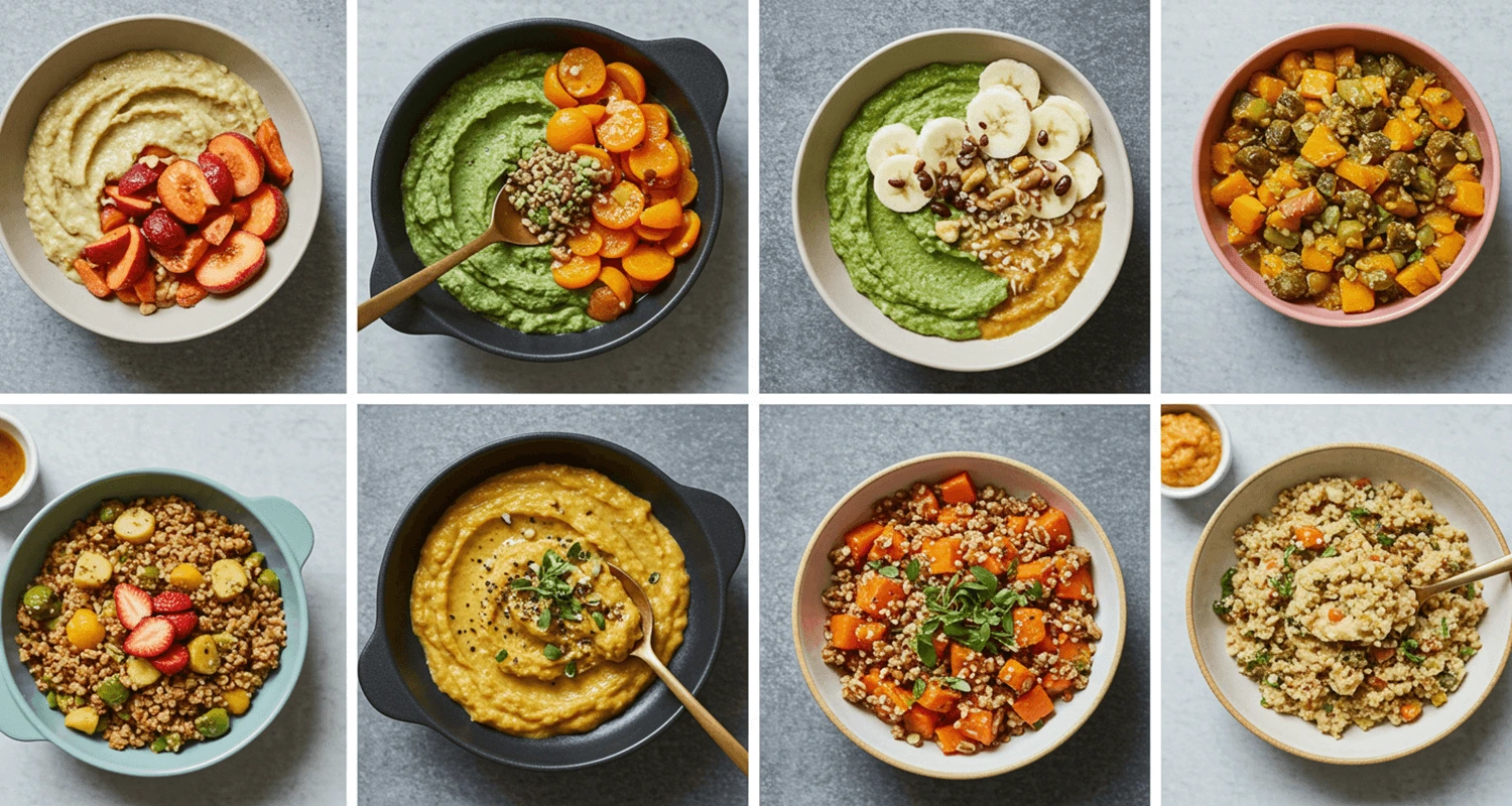 A plate with eight different baby-led weaning meals