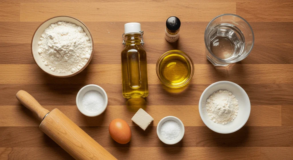 Zutaten für Pita-Brot: Mehl, Hefe, Wasser, Olivenöl und Salz