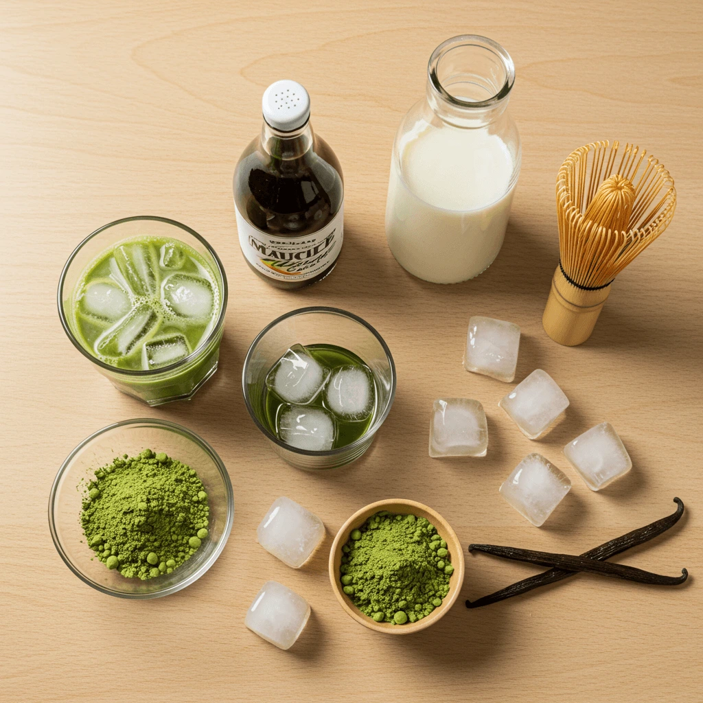 Zutaten für Iced Matcha Latte: Matcha-Pulver, Milch, Vanillesirup, Eiswürfel und Bambusbesen auf einem Holztisch.