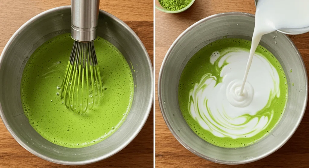 Schritt-für-Schritt Anleitung zur Zubereitung von Matcha Latte: Matcha Pulver aufschäumen, Milch erhitzen und mischen.