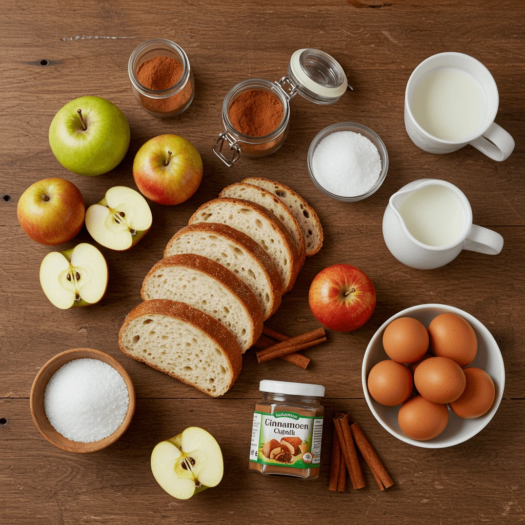 Alle Zutaten für einen Scheiterhaufen: Brot, Äpfel, Zimt, Zucker und Milch auf einem Holztisch angeordnet.