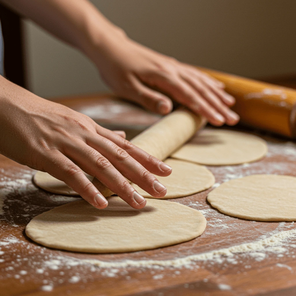 Pita-Teig wird auf einer Holzplatte ausgerollt, bereit zum Backen – Rezept für Pita.