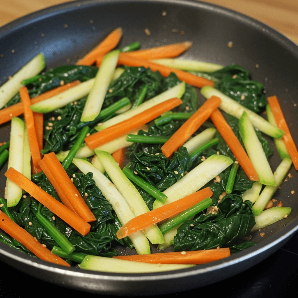 Frisches Gemüse wie Karotten, Spinat und Zucchini wird für das Bibimbap Rezept sautiert.