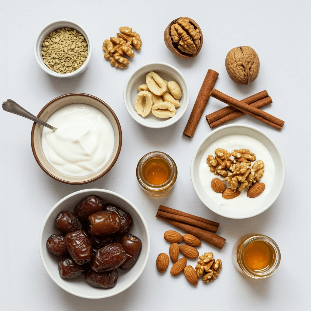 Flat Lay der Datteldip Rezept Zutaten: Datteln, Joghurt, Nüsse, Zimt und Honig.