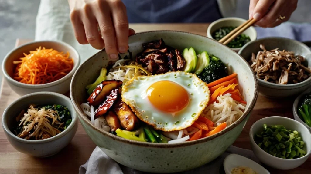 Das Bibimbap Rezept wird mit Reis, Gemüse, Protein und einem Spiegelei zusammengefügt.