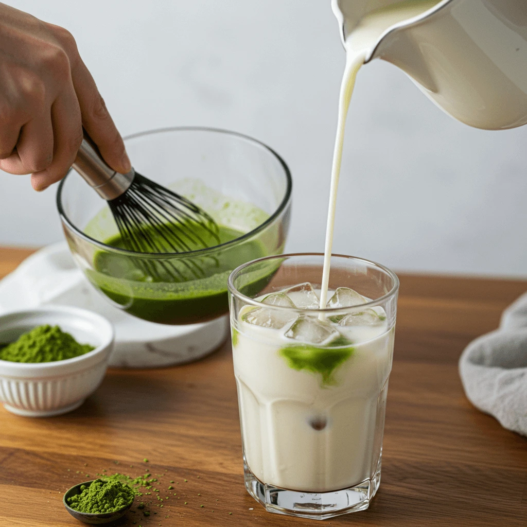 Matcha-Pulver wird in einer Schüssel aufgeschlagen, während Milch über Eiswürfel in einem Glas gegossen wird.