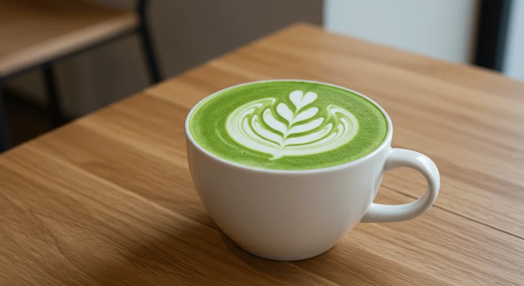 Ein perfekt zubereiteter Matcha Latte mit grüner Latte Art in einer weißen Keramiktasse.