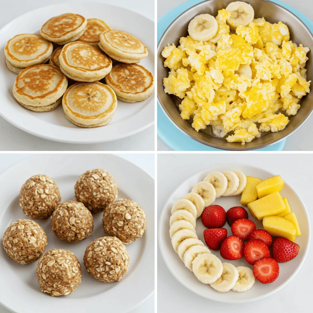 Ein Teller mit Mini-Bananenpancakes, kleinen Portionen Rührei, Haferflockenbällchen und weichen Obststücken wie Banane und Erdbeeren – leckere BLW Rezepte für ein nahrhaftes Frühstück.