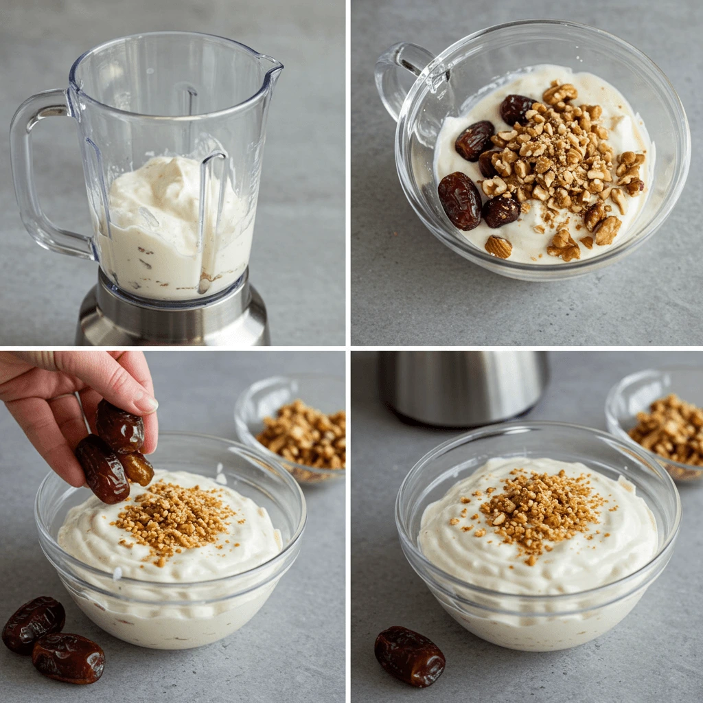 Schritt-für-Schritt Prozess der Zubereitung des Datteldip Rezepts: Datteln und Joghurt vermengen, Nüsse hinzufügen.