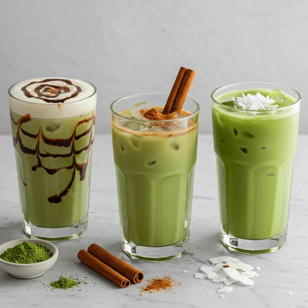 Drei Varianten des Iced Matcha Latte: mit Schokoladensirup, Zimtstangen und Kokosflocken.