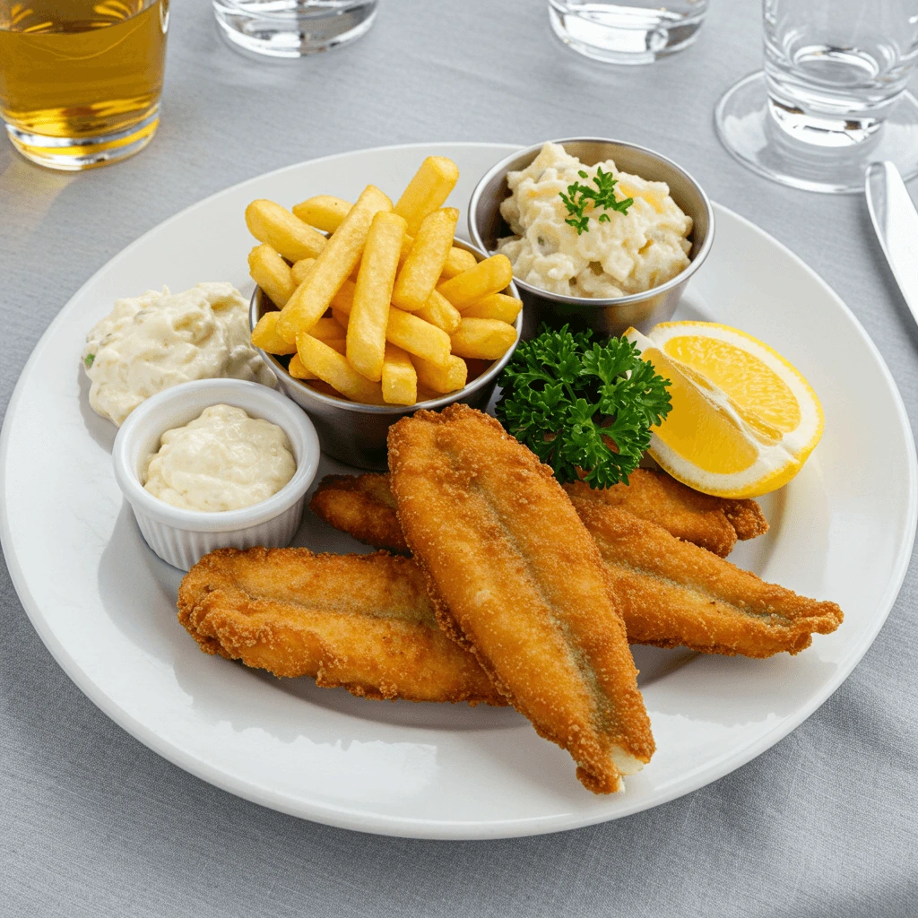 Backfisch mit Pommes, Kartoffelsalat und Remouladensauce als Beilagen.