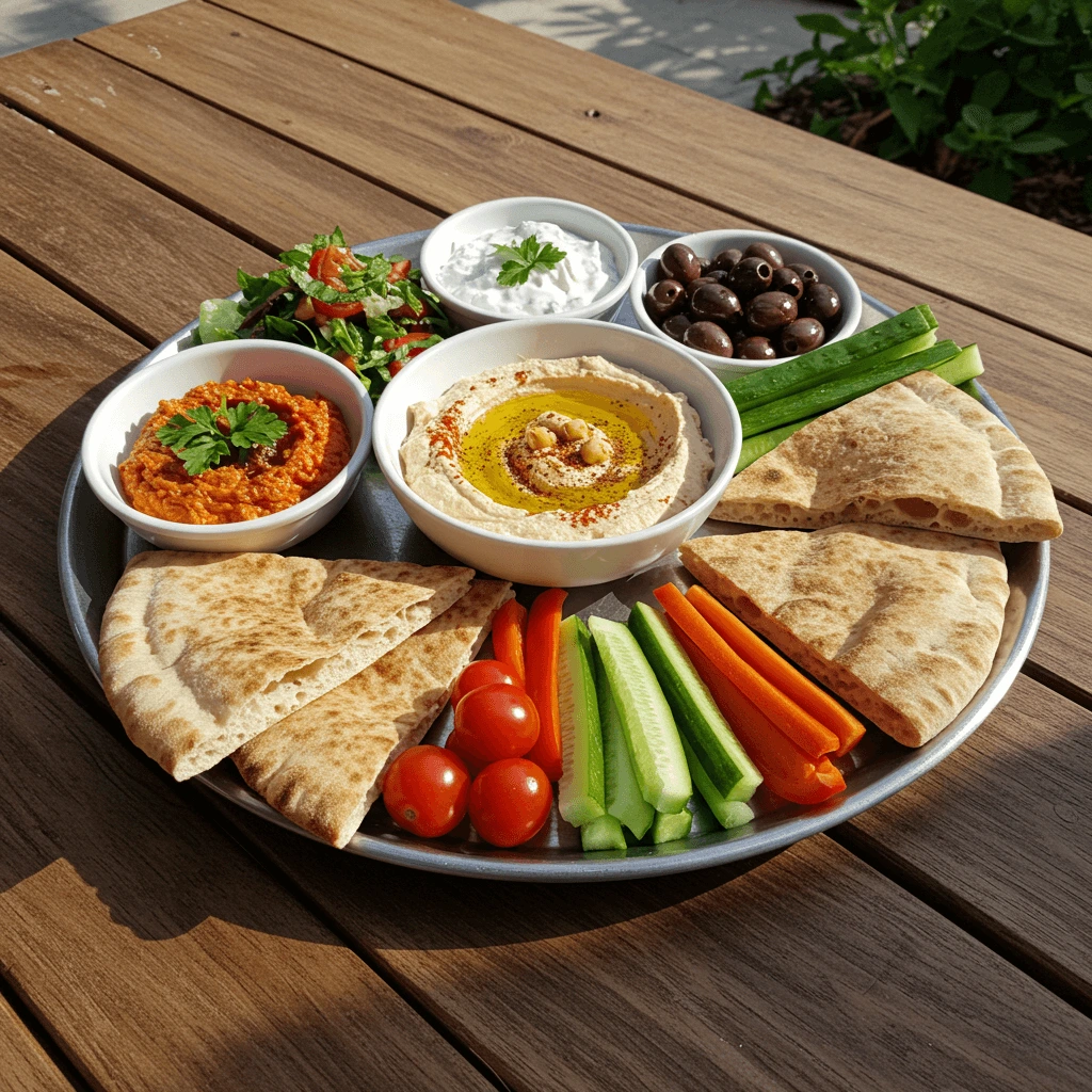 Pita-Brot serviert mit Hummus, Tzatziki und frischem Gemüse