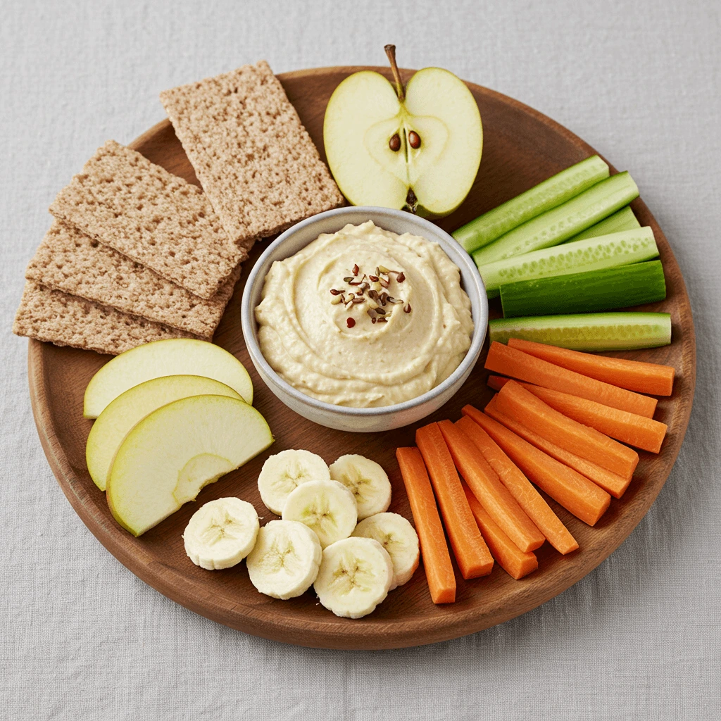 Datteldip Rezept serviert mit Crackern, Obst und Gemüsesticks für einen gesunden Snack.