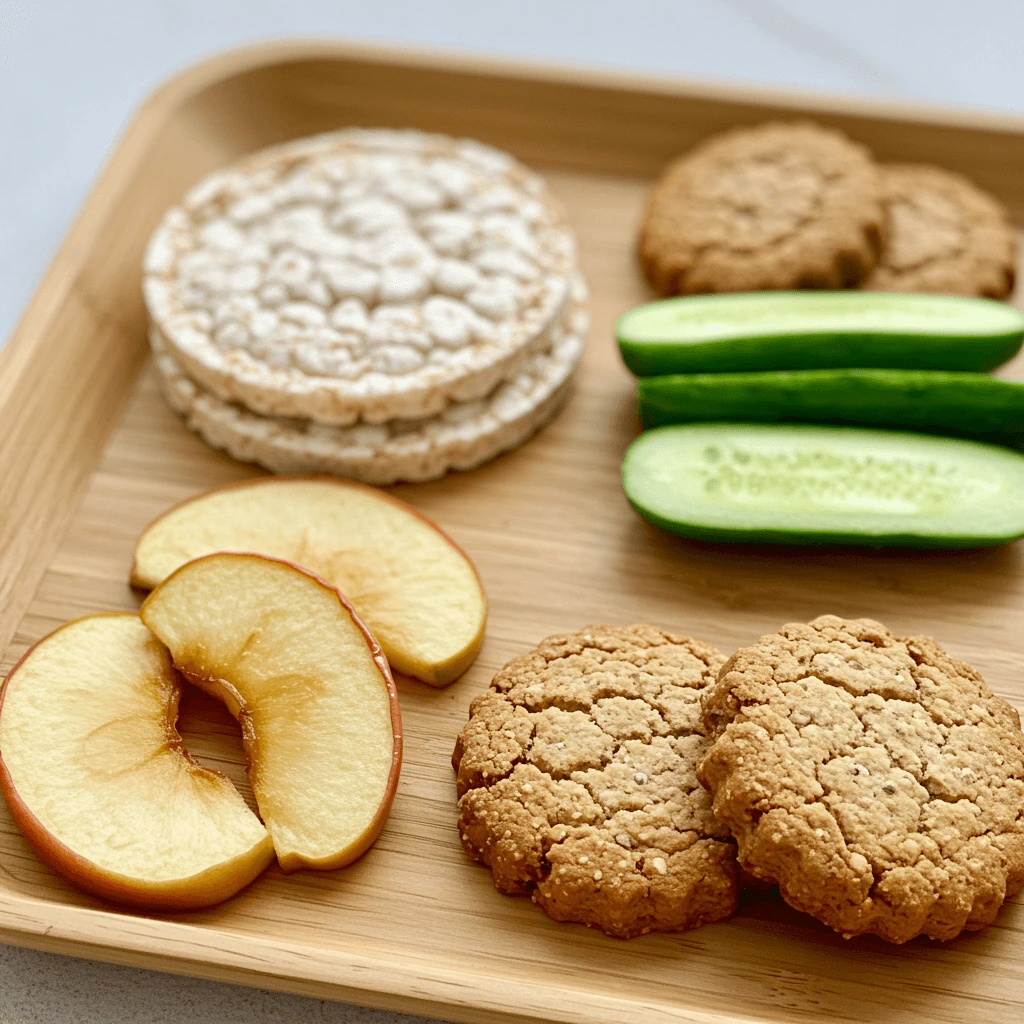 Ein Teller mit gedünsteten Apfelscheiben, Reiswaffeln, Gurkensticks und babyfreundlichen Keksen – ideale BLW Rezepte für Snacks zwischendurch.