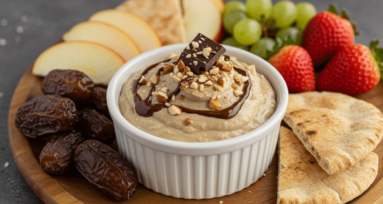 Datteldip Rezept serviert mit Apfelscheiben, Karottensticks und frischem Brot auf einem rustikalen Holztisch.