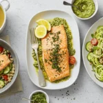 Top FODMAP Rezepte: Gemüsesuppe, Hähnchen mit Kräutern und Zitrone, Quinoa-Salat, gebackener Lachs und Zucchini-Nudeln mit Pesto.