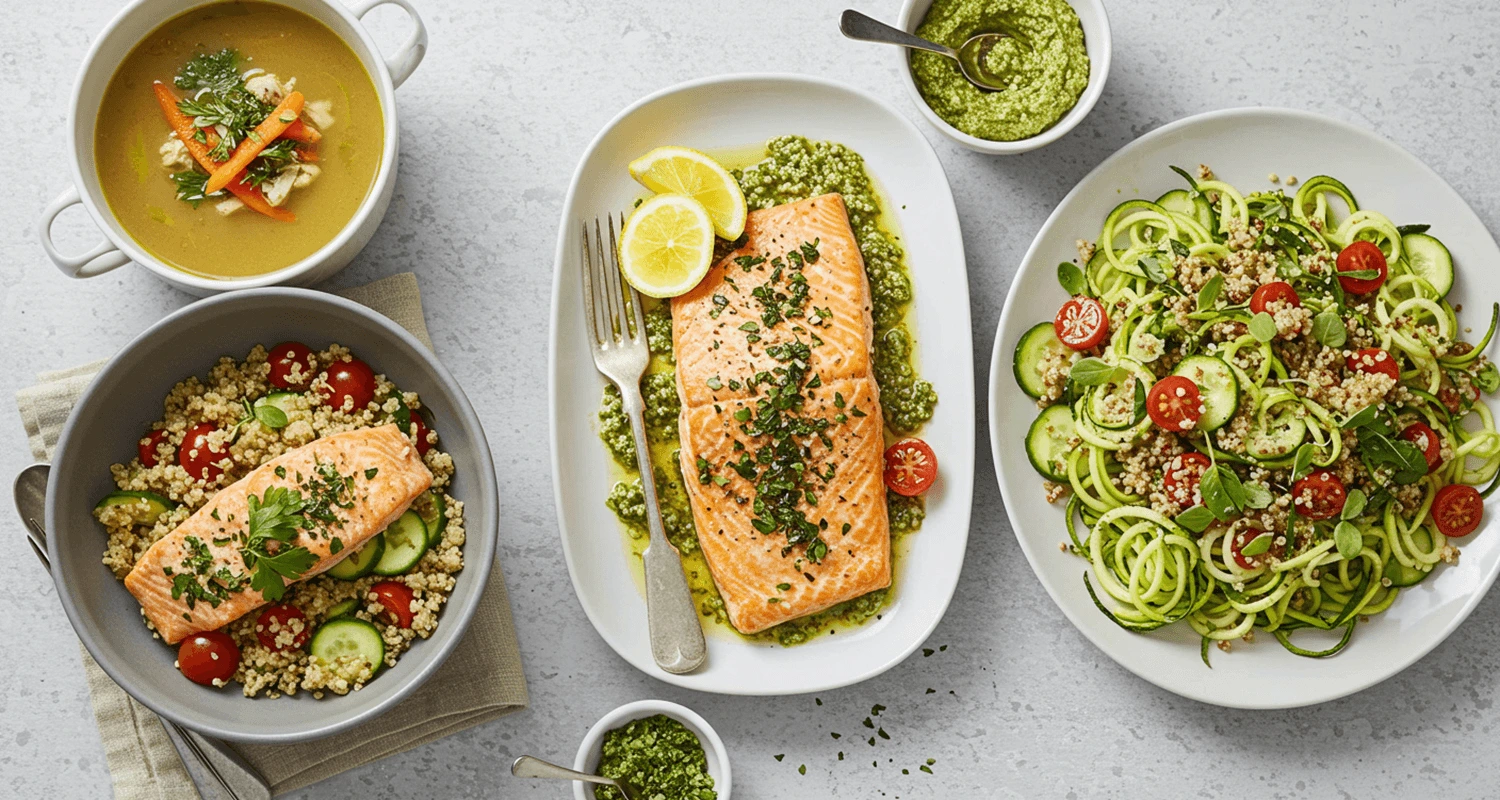 Top FODMAP Rezepte: Gemüsesuppe, Hähnchen mit Kräutern und Zitrone, Quinoa-Salat, gebackener Lachs und Zucchini-Nudeln mit Pesto.