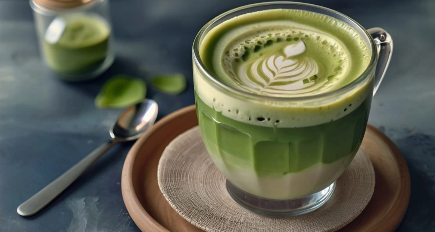 Cremiger Matcha Latte in einer Schale mit Bambusbesen