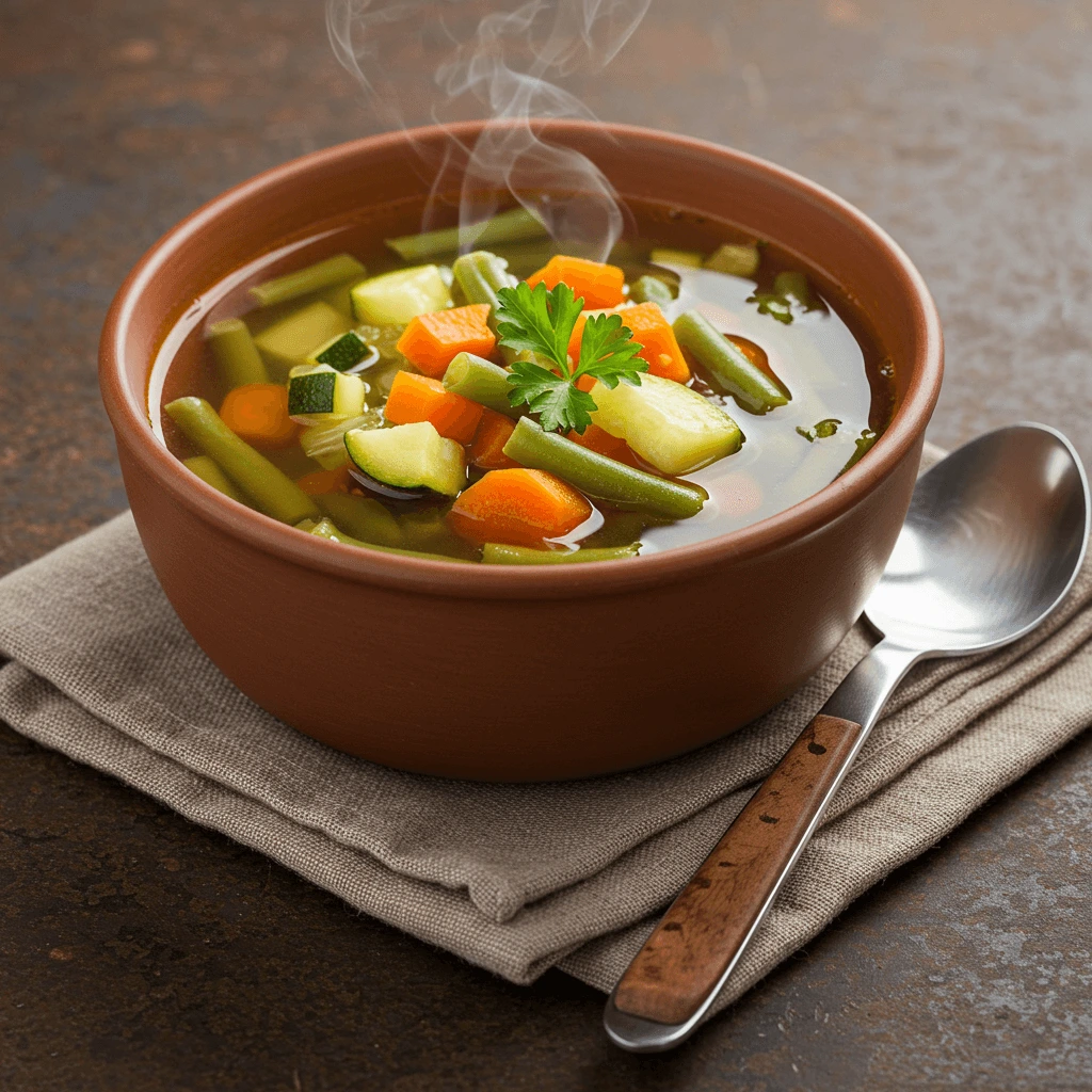 FODMAP-freundliche Gemüsesuppe mit frischen Zutaten wie Karotten, Zucchini und grünen Bohnen, perfekt für eine magenfreundliche Ernährung.