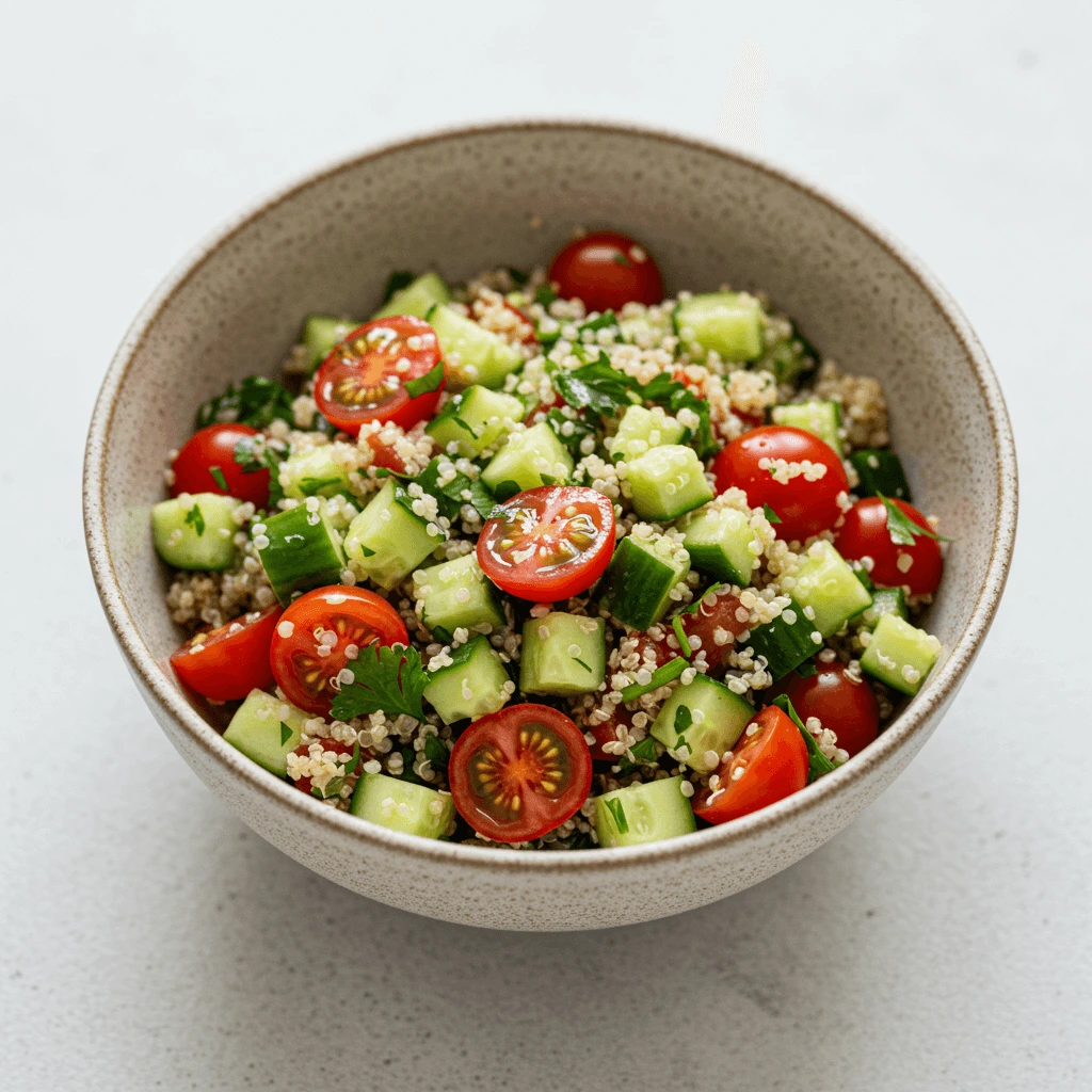 Frischer FODMAP-freundlicher Quinoa-Salat mit Gurken, Tomaten und Petersilie, ideal für eine gesunde und magenfreundliche Mahlzeit.