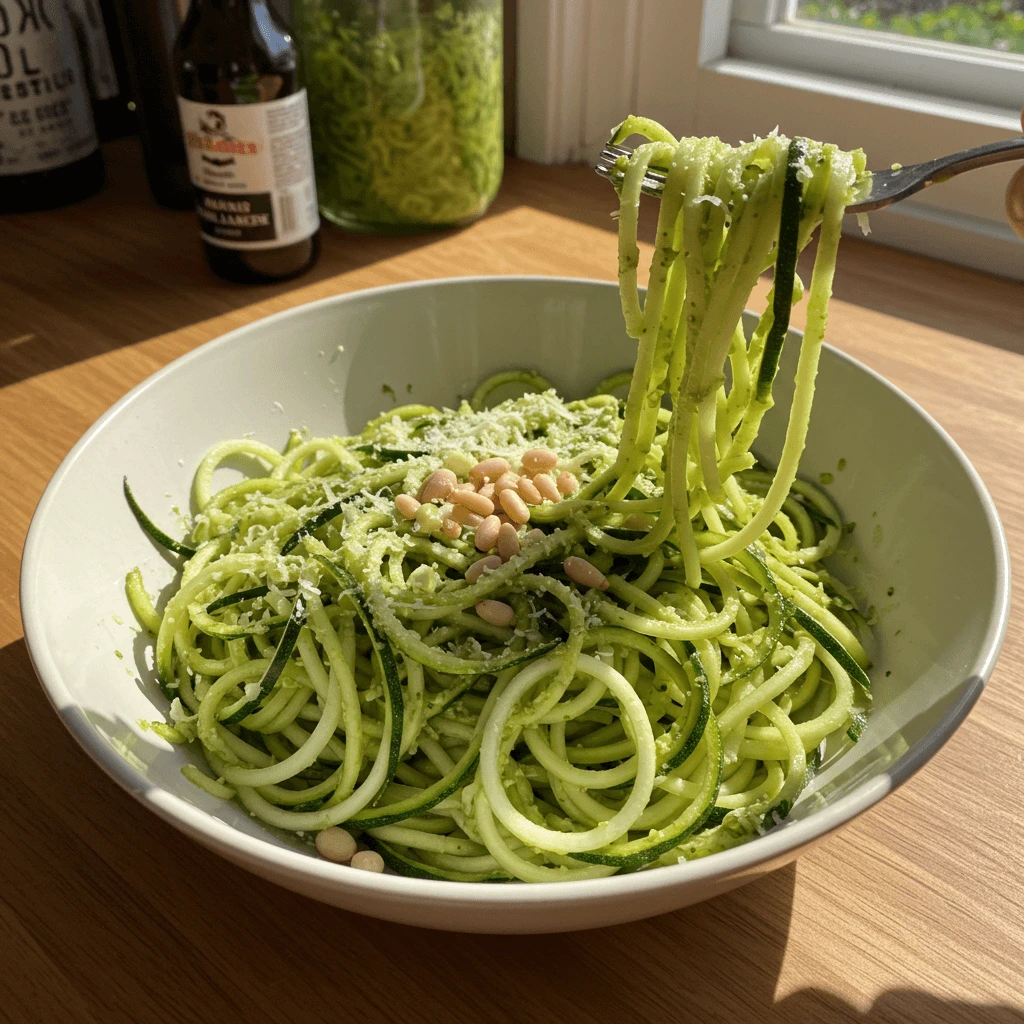 FODMAP-freundliche Zucchini-Nudeln mit Pesto, garniert mit frischen Basilikumblättern und Tomaten, eine leckere Pasta-Alternative.