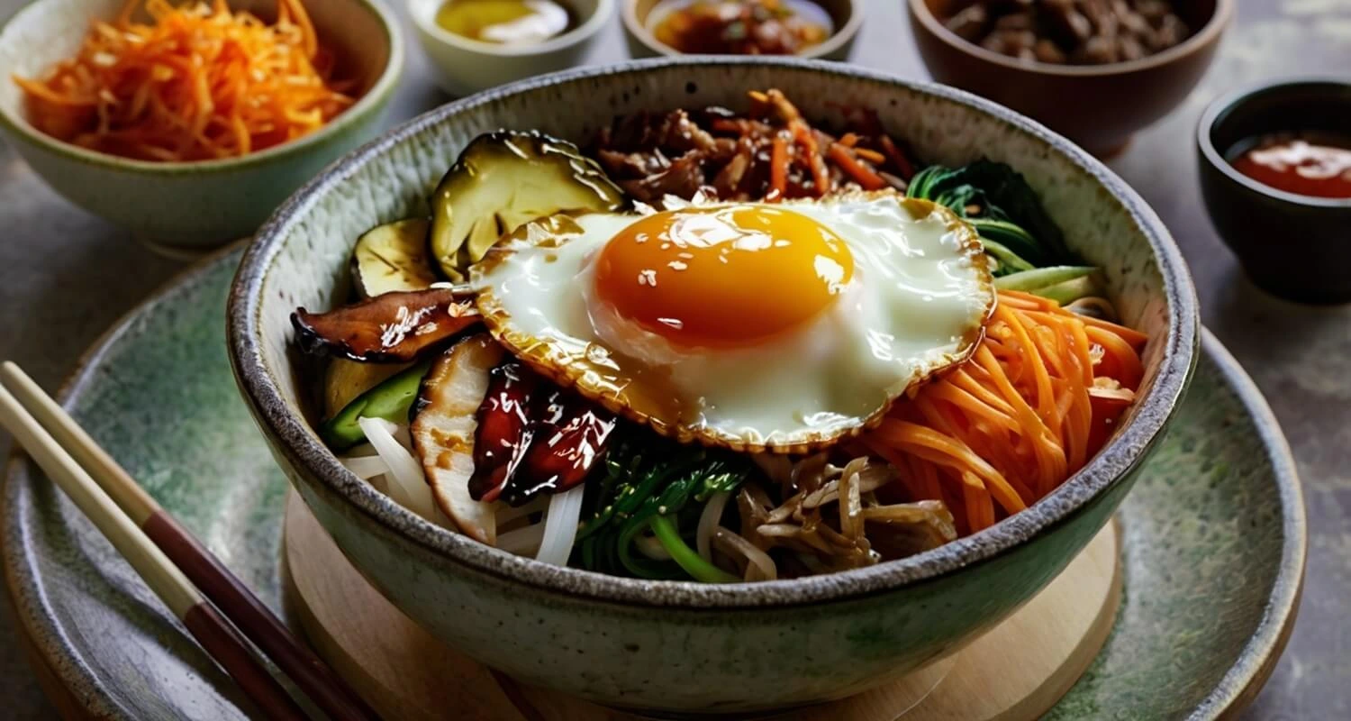 Bibimbap Rezept: Eine bunte Schüssel mit Reis, Gemüse, einem Spiegelei und Gochujang-Soße.