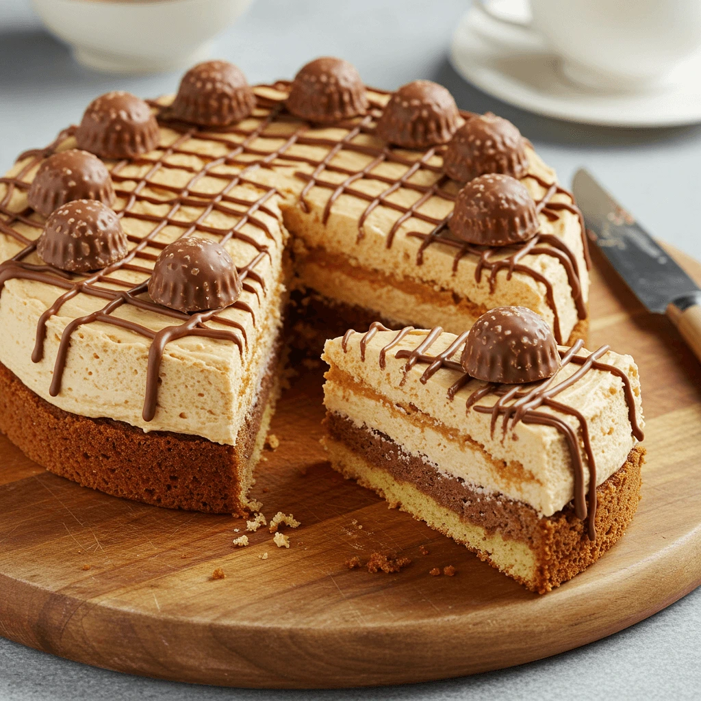 Toffifee Torte Rezept – Klassische Toffifee Torte, die in der Mitte geschnitten ist, um die cremige Füllung zu zeigen