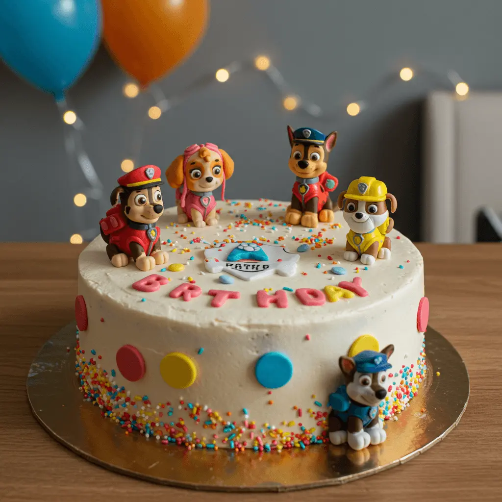 Kind pustet Kerzen auf einer selbstgemachten Paw Patrol Torte aus, umgeben von bunten Partydekorationen.