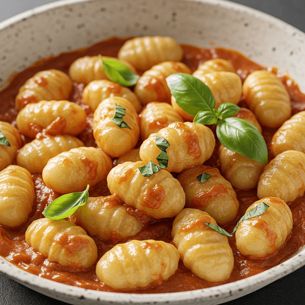 Pfannen-Gnocchi mit cremiger Tomatensauce, garniert mit frischem Basilikum und Parmesan.