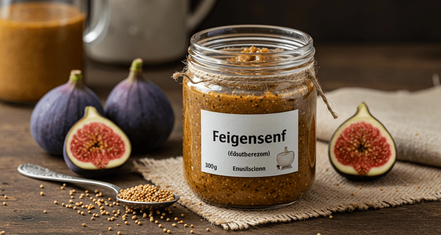 Hausgemachtes Feigensenf Rezept in einem Glas mit frischen Feigen und Senfkörnern auf einem rustikalen Küchentisch