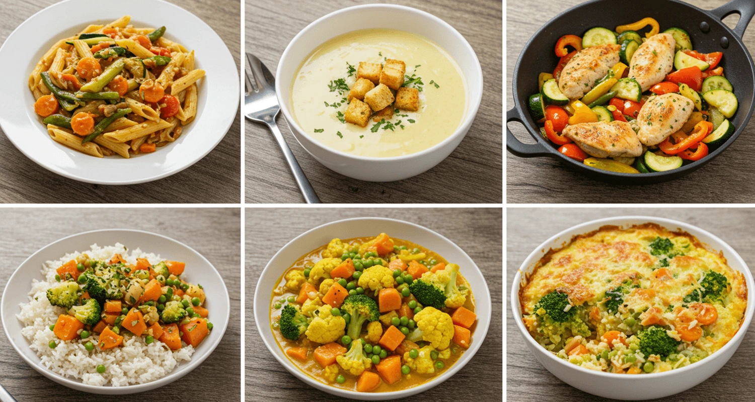 Collage von 5 schnellen Thermomix Rezepten Mittagessen, einschließlich Pasta, Kartoffelsuppe, Hähnchenpfanne, vegetarisches Curry und Reisauflauf. schnelle thermomix rezepte mittagessen