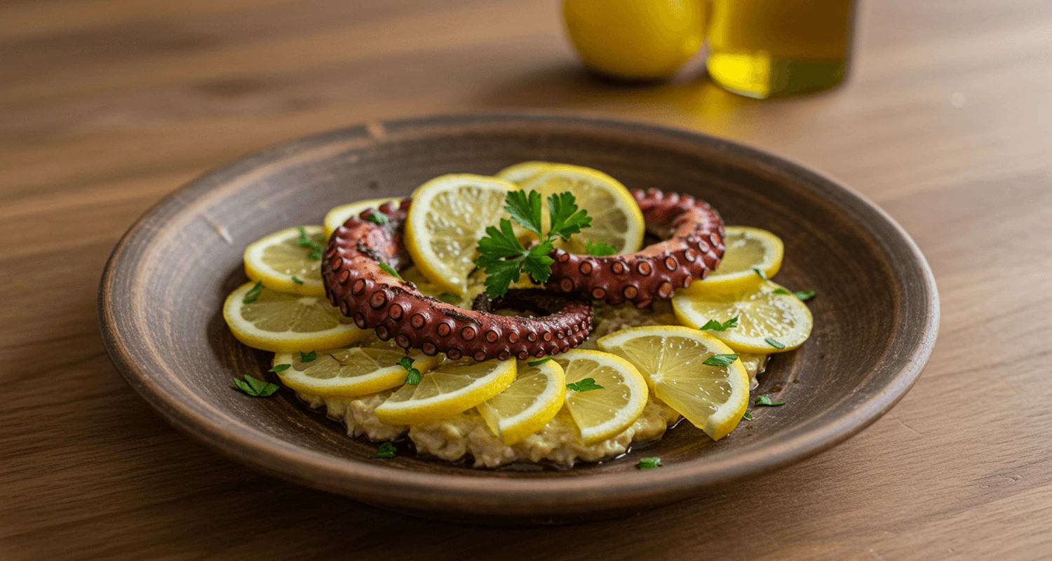 Ein fertig angerichtetes Oktopus Rezept mit Zitrone und Petersilie, serviert auf einem mediterranen Teller.