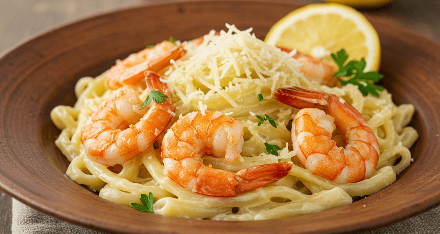 Garnelen mit Pasta Rezept: Nahaufnahme eines Tellers mit Garnelen, Pasta, Parmesan und Petersilie.