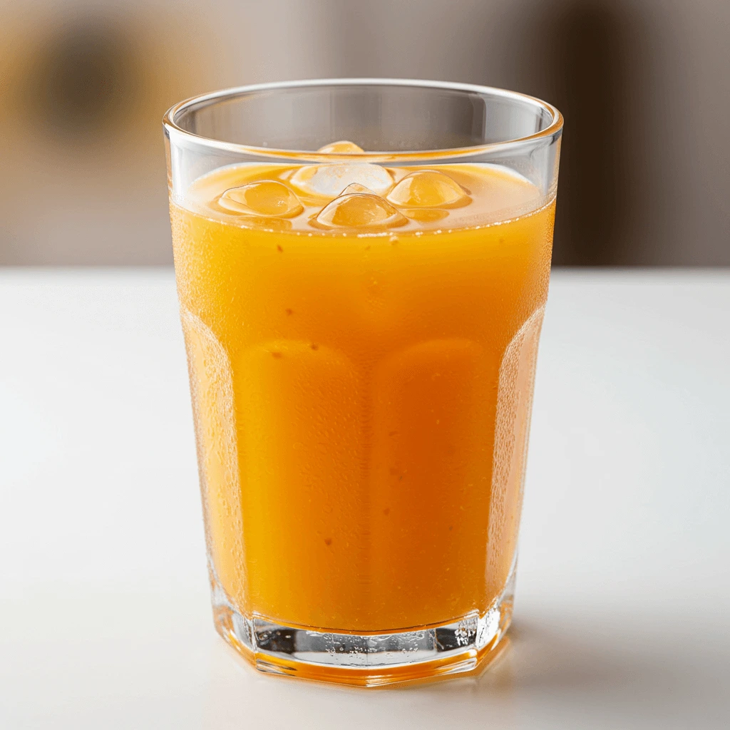 Frischer Orange-Mango-Saft in einem Glas, dekoriert mit Orangenscheiben.