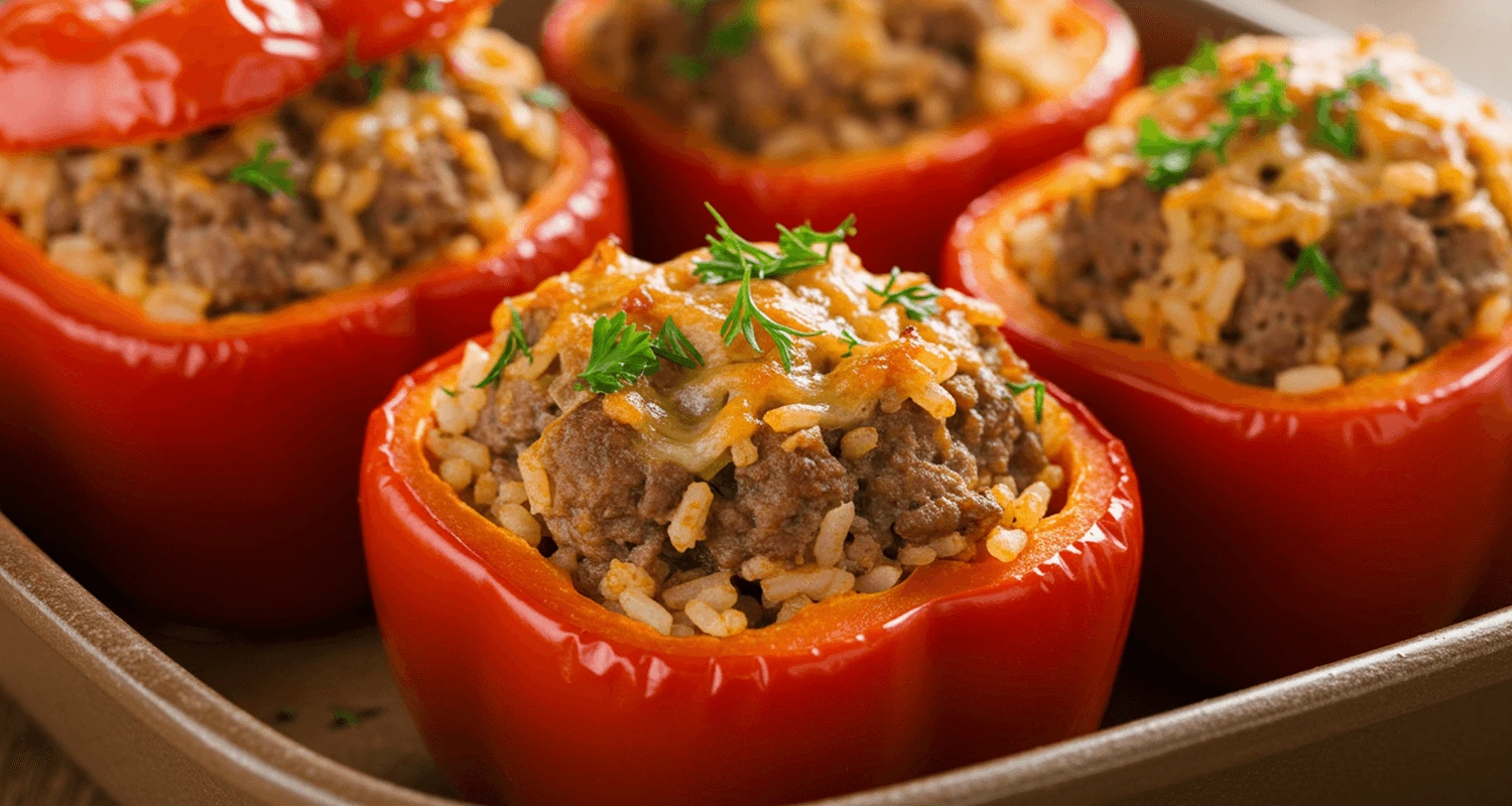 Nahaufnahme des fertigen Gerichts für das Rezept gefüllte Paprika mit Reis und Hackfleisch, garniert mit frischen Kräutern.