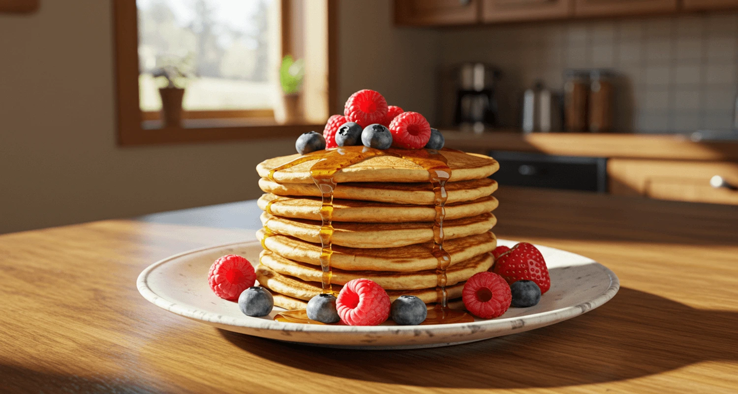 Rezept Pfannkuchen Thermomix: Fluffige Pancakes mit Sirup und Beeren auf einem Holztisch