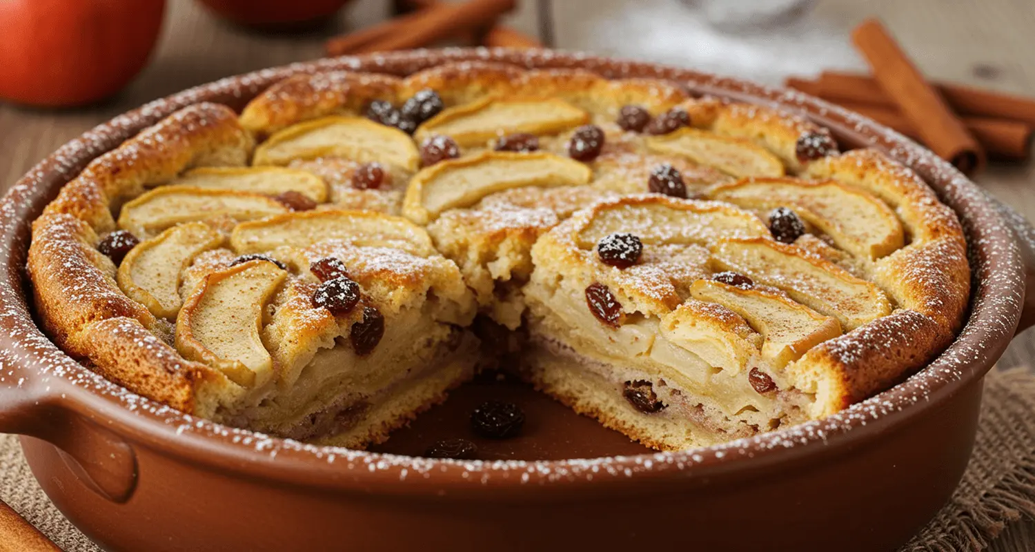 Rezept Scheiterhaufen: Frisch gebackener Scheiterhaufen mit Äpfeln und Rosinen in einer Auflaufform