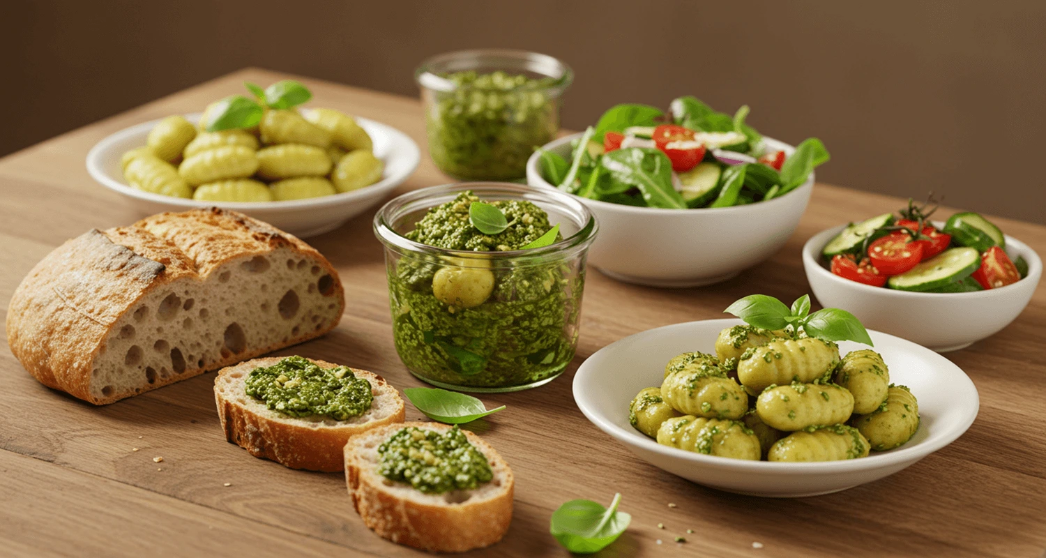 5 Rezepte mit Basilikum Pesto auf einem rustikalen Tisch