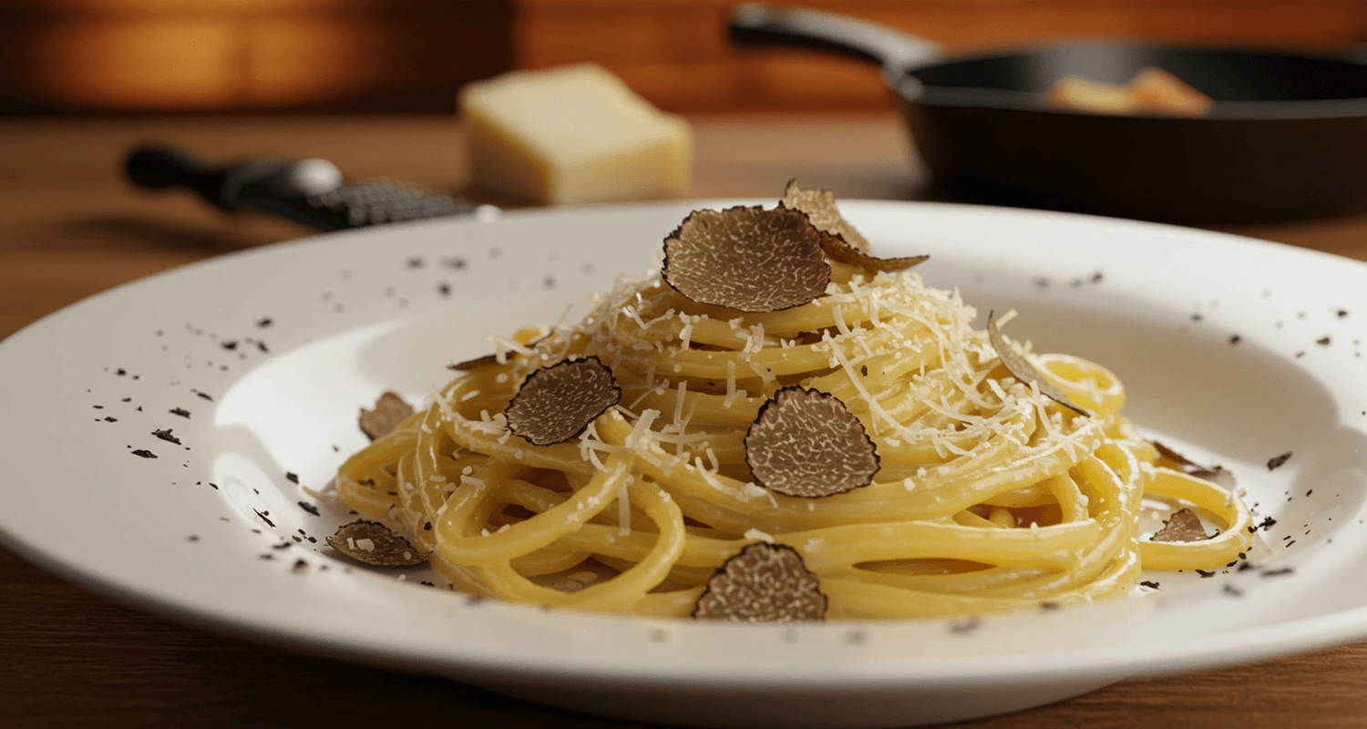 Trüffel Pasta Rezept – Ein Teller cremiger Trüffelpasta mit Parmesan und Trüffeln, garniert mit Trüffelöl