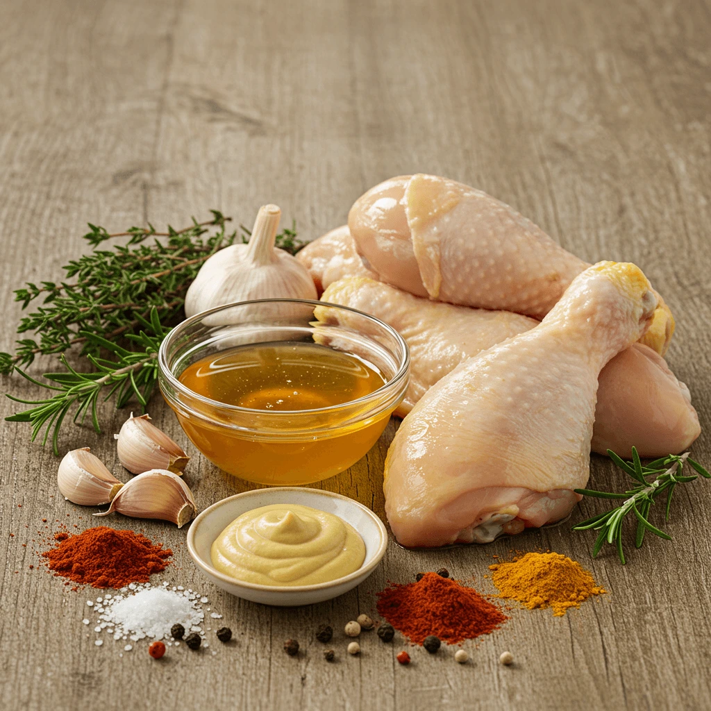 Zutaten für Hähnchen Marinade mit Honig: Honig, Hähnchen, Kräuter und Gewürze