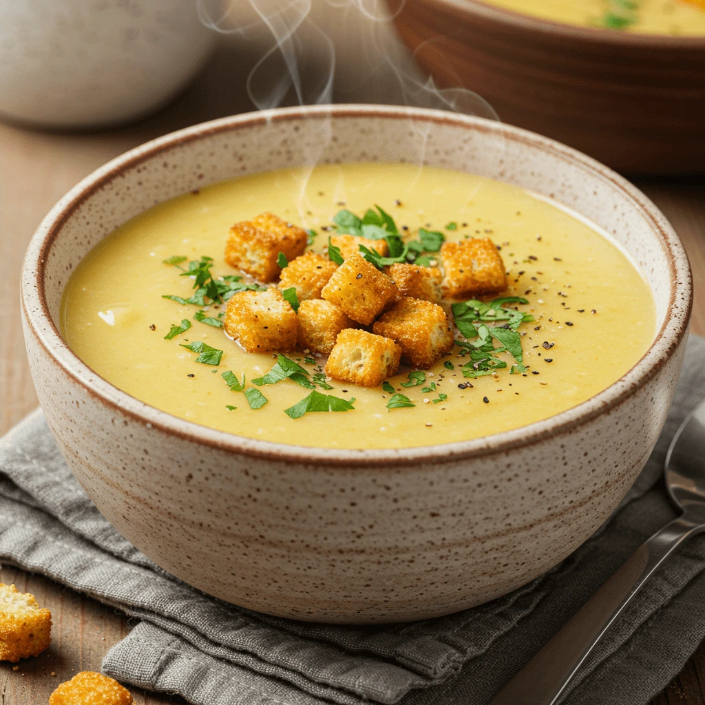 Cremige Kartoffelsuppe mit frischen Kräutern und knusprigen Croutons, dampfend und rustikal serviert.