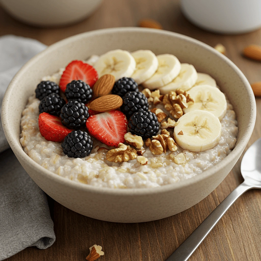 Hafertage Frühstück: Haferflocken-Porridge mit frischen Früchten und Nüssen für einen gesunden Start.