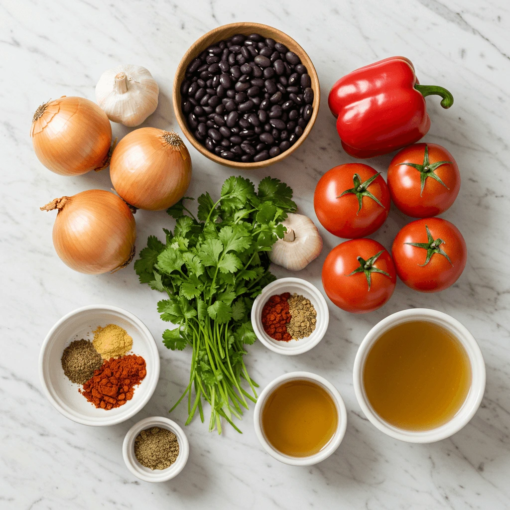 Rezept für schwarze Bohnen: Frische Zutaten wie schwarze Bohnen, Paprika, Zwiebeln, Tomaten und Gewürze auf einer Arbeitsfläche