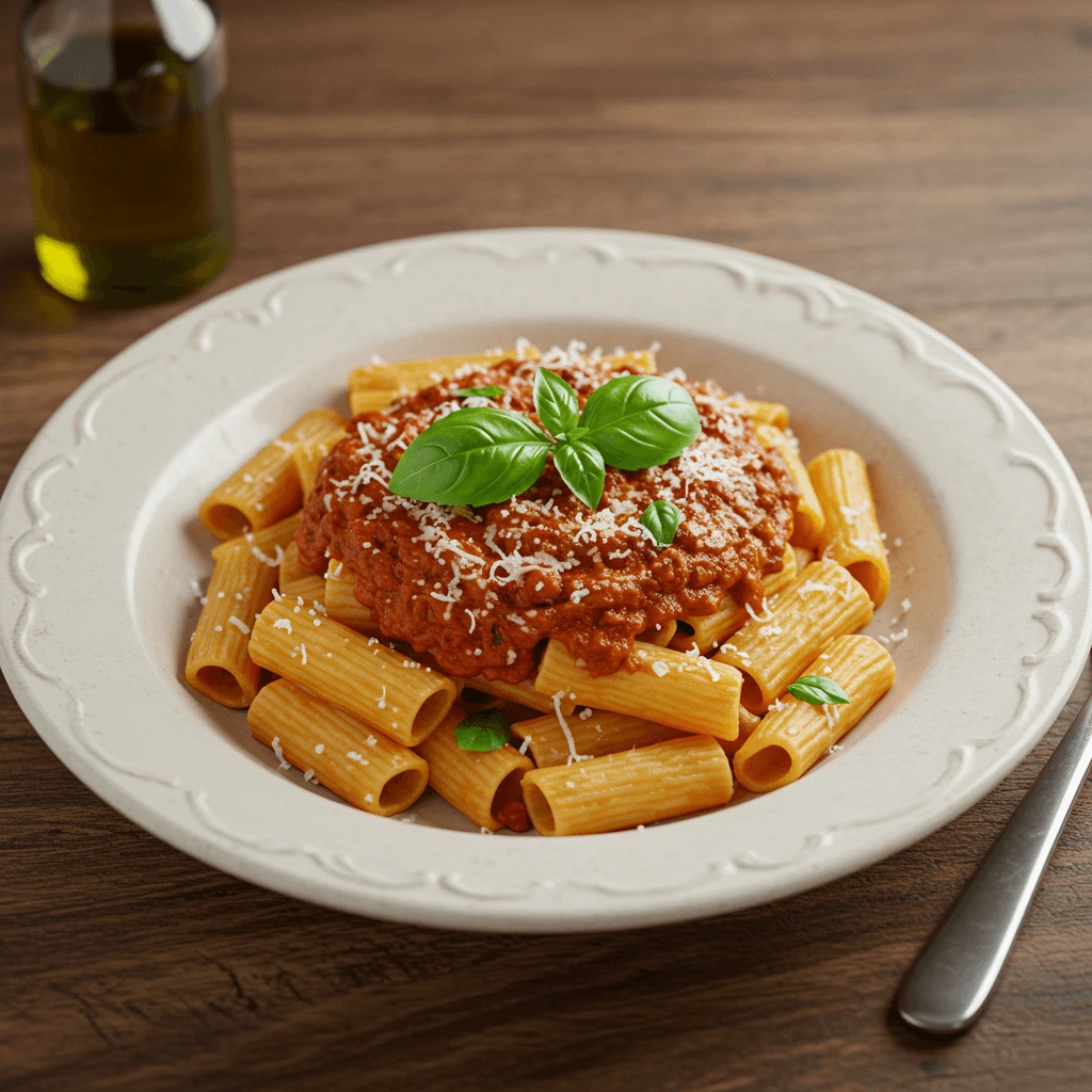 Schnelles Pasta-Rezept mit Tomatensoße, frischen Basilikumblättern und Parmesan