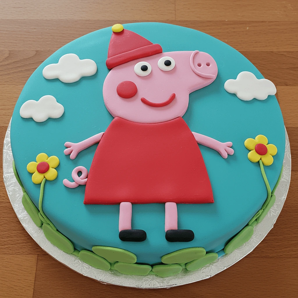 Selbstgemachte Peppa Wutz Torte mit Fondant-Dekorationen und einer niedlichen Peppa Wutz-Figur