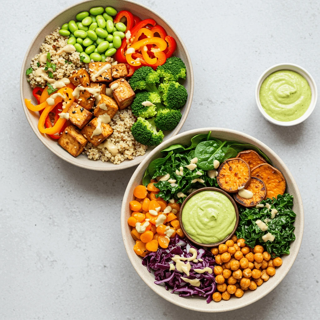 Eine bunte Auswahl an veganen Bowls, darunter eine Protein-Bowl mit Tofu, Kichererbsen und Spinat sowie eine Süßkartoffel-Bowl mit Avocado-Dressing - Schnelle Rezepte Vegan