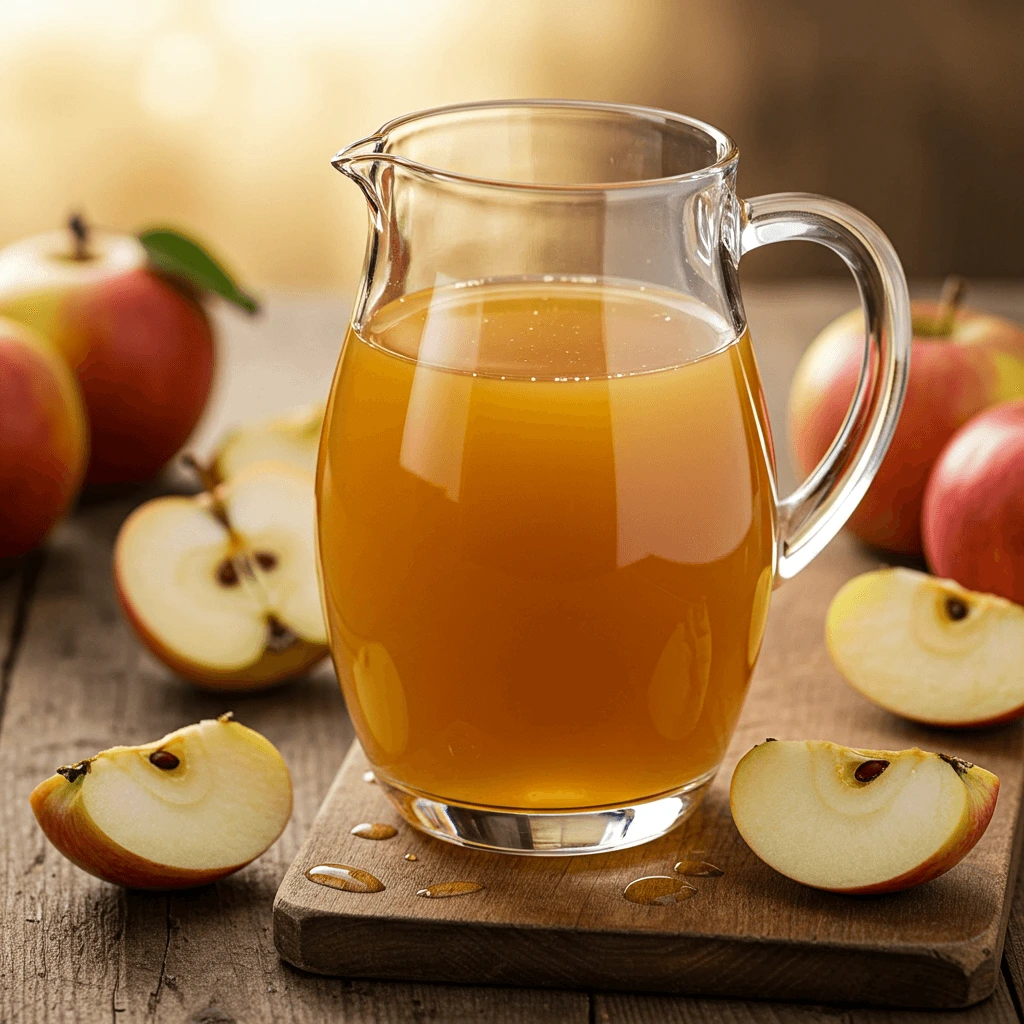 frischer Apfelsaft mit Äpfeln und einer Zitronenscheibe auf einem rustikalen Tisch.