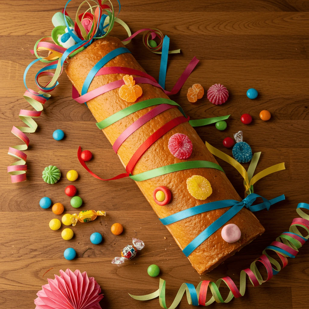 Selbstgemachte Schultüte Torte dekoriert mit bunten Bändern, Süßigkeiten und Fondant für das klassische Schultüten-Design.