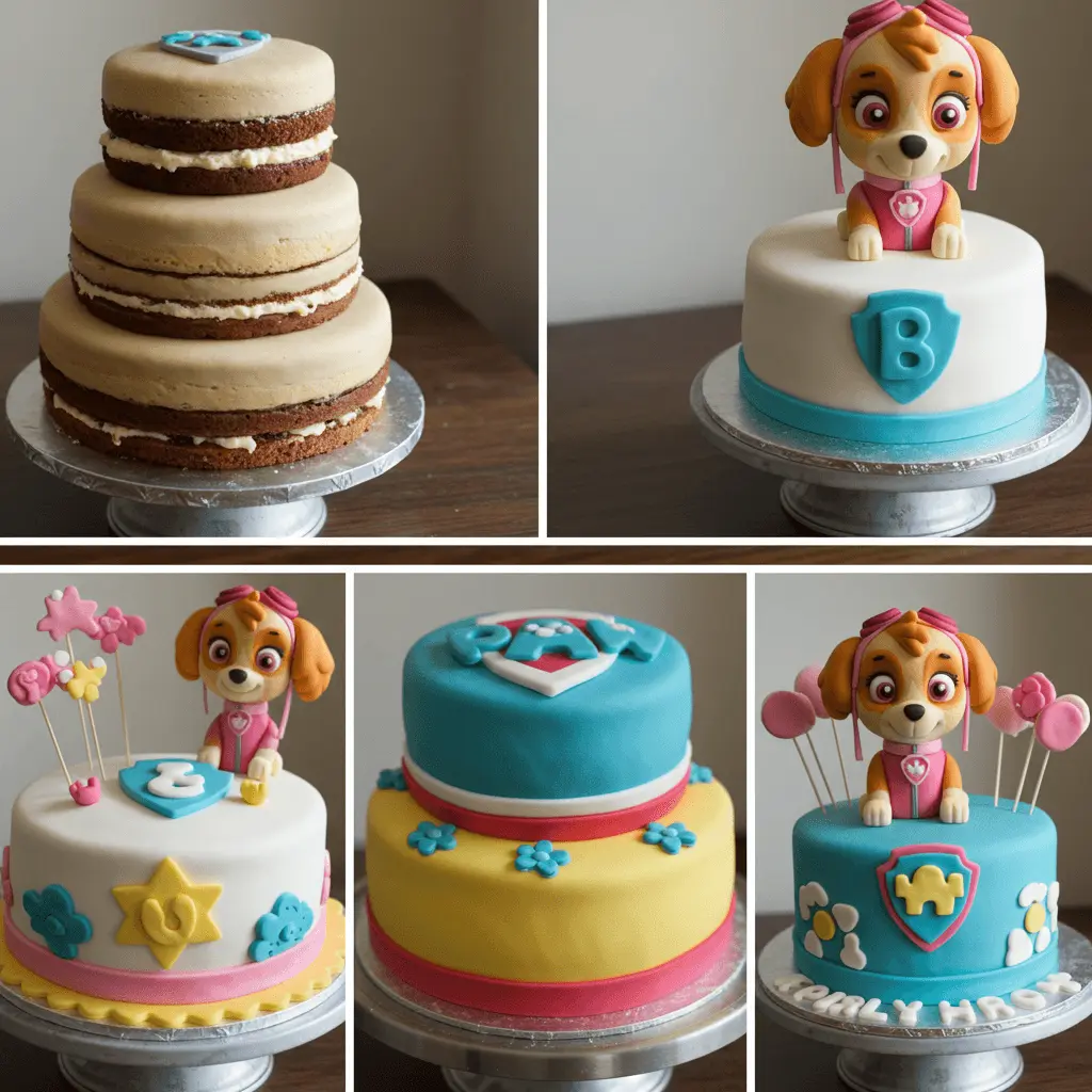 Verschiedene selbstgemachte Paw Patrol Torten-Designs, darunter eine Torte in Schichten, im Abzeichen-Design und eine mit Skye.